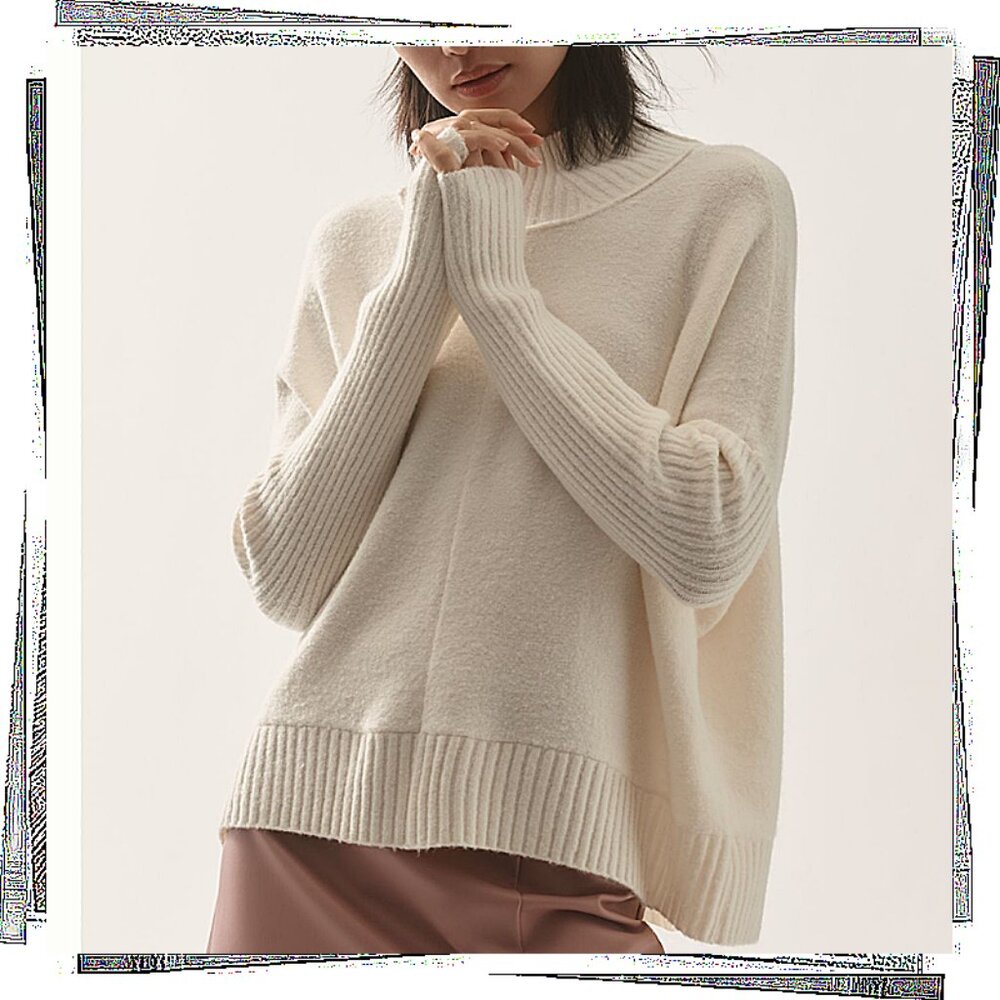 Anthropologie Cream Cozy Rib-Trim Cashmere Blend Sweater